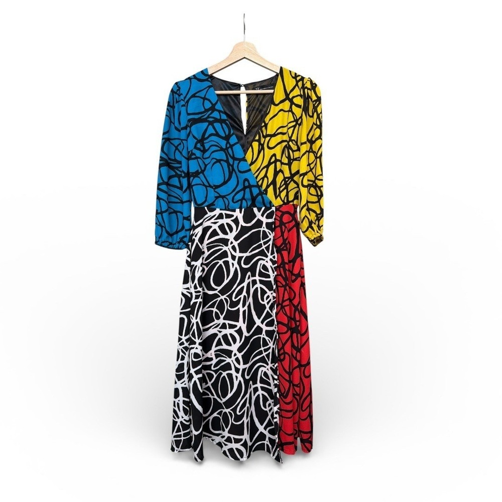 NY&C Colorblock‎ Abstract Scribble Print Midi Dress XS Red Blue Yellow Kidcore